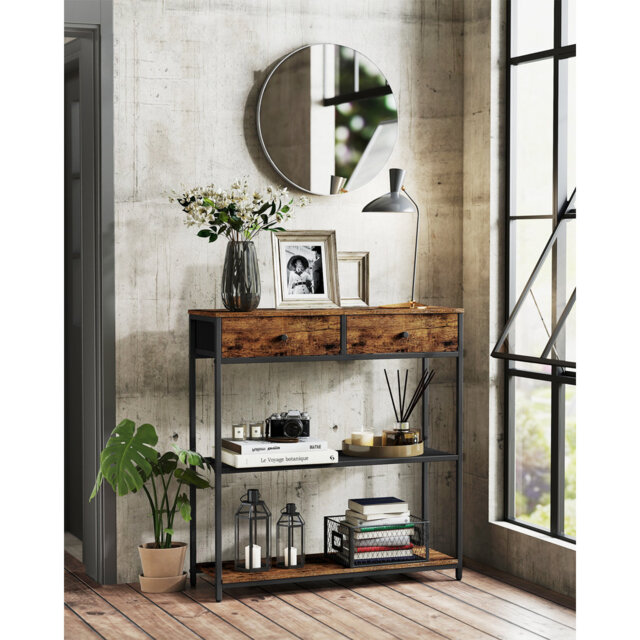 Narrow Console Table With 2 Fabric Drawers, 3-Tier Entryway Sofa Table, 24 X 76 X 80 Cm, For Hallway, Living Room, Rustic Brown And Ink Black