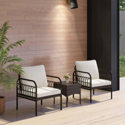 3-Piece Rattan Garden Furniture Set With Coffee Table And Cushions For Patio, Balcony, Yard, Poolside