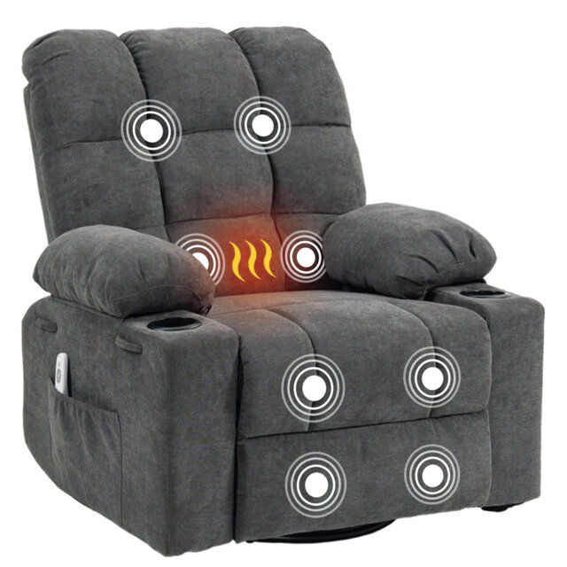 89 CM Oversized Tuffed Heated Massage Swivel Rocker Recliner with Cup Holders