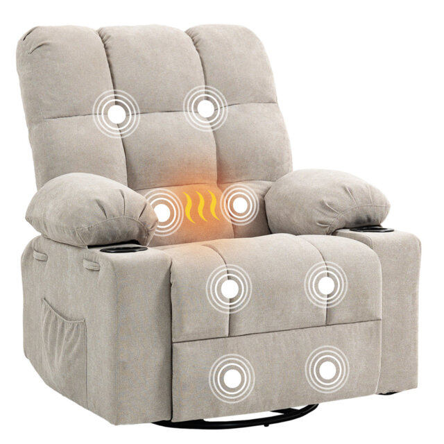 89 CM Oversized Tuffed Heated Massage Swivel Rocker Recliner with Cup Holders