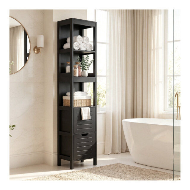Freestanding Slim Black Bathroom Tall Storage Cabinet, Narrow Storage Cupboard with 3 Open Shelves & 2 Removable Drawers, Multipurpose Organiser Unit