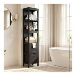 Freestanding Slim Black Bathroom Tall Storage Cabinet, Narrow Storage Cupboard with 3 Open Shelves & 2 Removable Drawers, Multipurpose Organiser Unit
