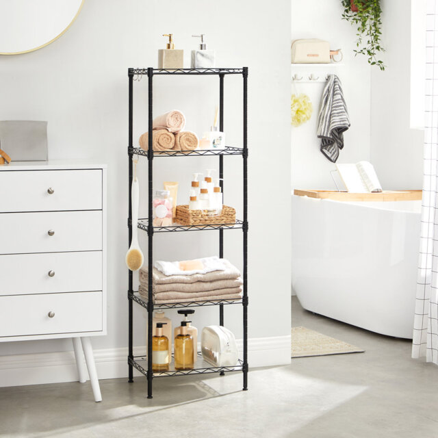 Kitchen Shelf, 5-Tier Wire Shelving Unit, Narrow Storage Rack With 4 Hooks, Bathroom Shelf With PP Shelf Liners,Silver