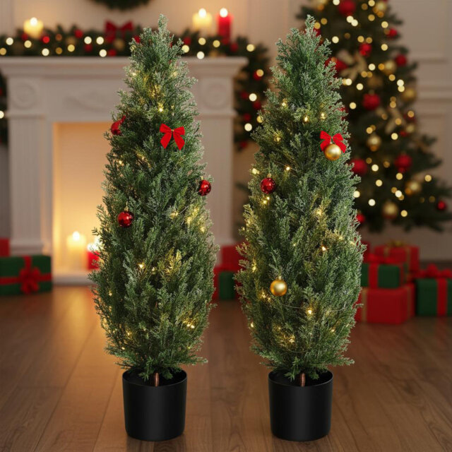 Set of 2 Artificial Cedar Topiary Trees for Outdoors - Potted Fake Cypress Trees for Home Porch Decor - Faux Evergreen Plants for Front Door Planters