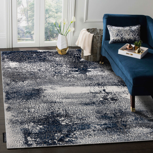 Modern de Luxe rug for the living room, bedroom or abstract - textured cream / dark blue