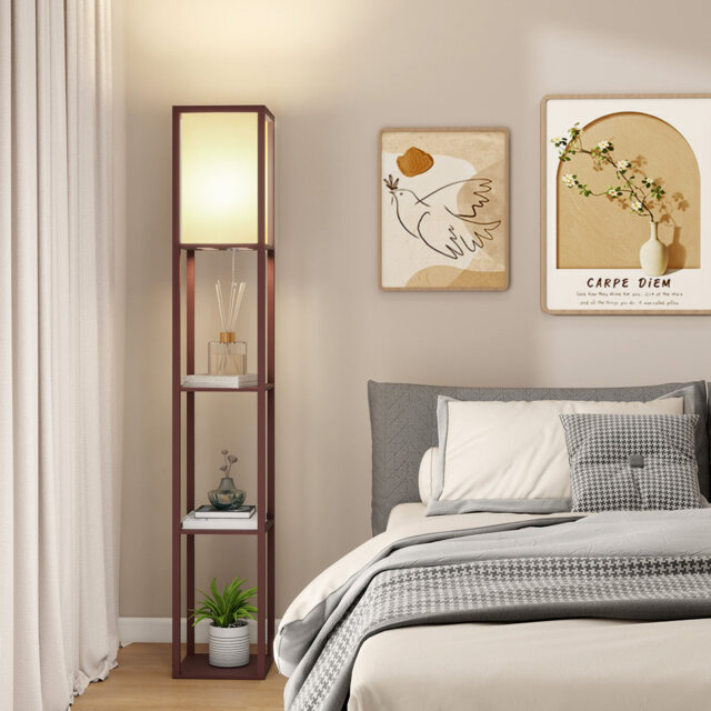 LED Shelf Floor Lamp, Wooden Reading Standing Light with Storage, Living Room Office