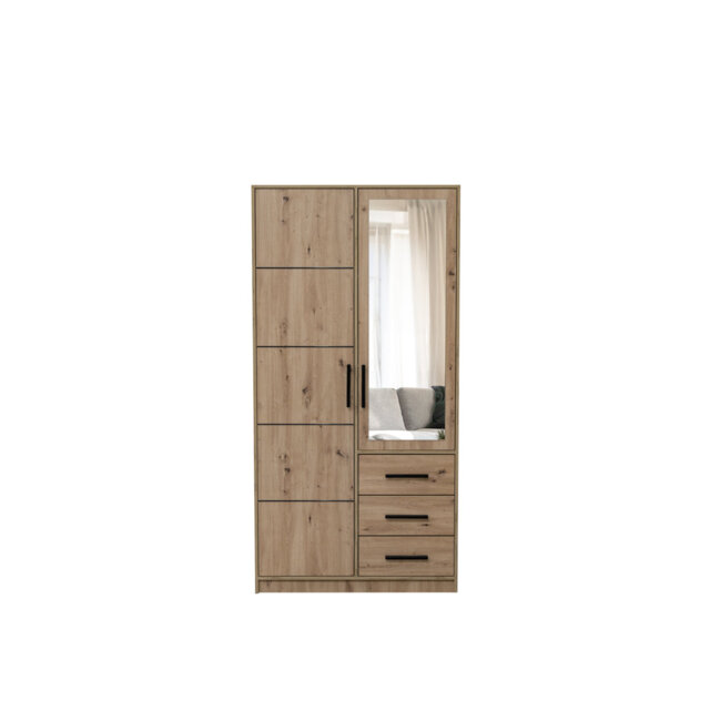 Bojan D2 Oak Artisan & Mirror 2 Door Wardrobe - Compact Modern Storage with Drawers, Shelves & Hanging Rail