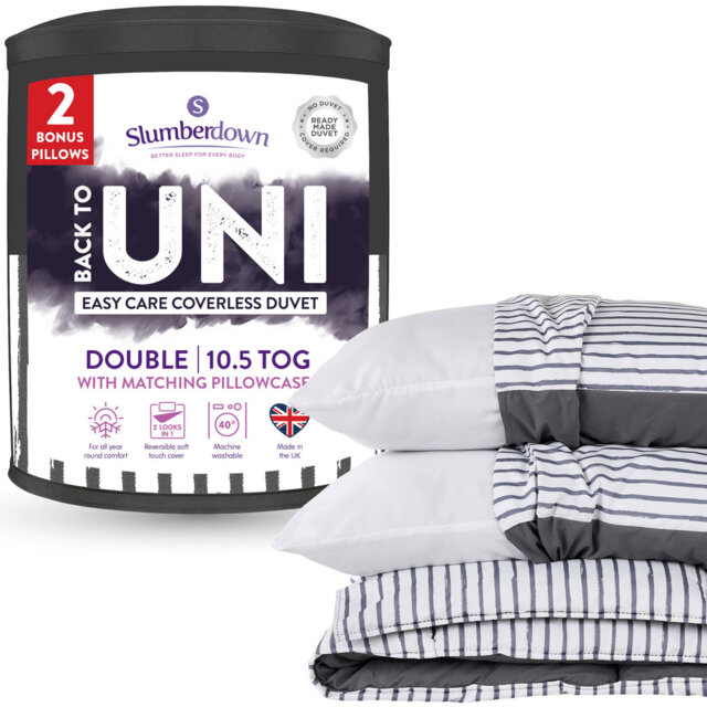 Back to Uni Grey Printed Stripe 10.5 Tog Duvet, 2 Medium Pillows
