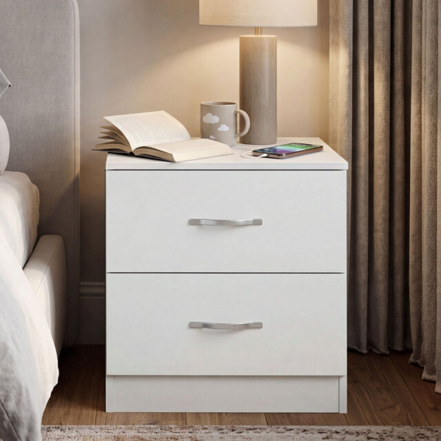 Bedside Table With 2 Drawer Metal Handles Runners White Bedroom Cabinet