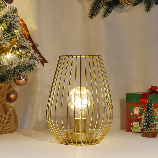 Metal Cordless Table Lamp Cage Shape Battery Operated Lamp with Warm Fairy Lights Bulb