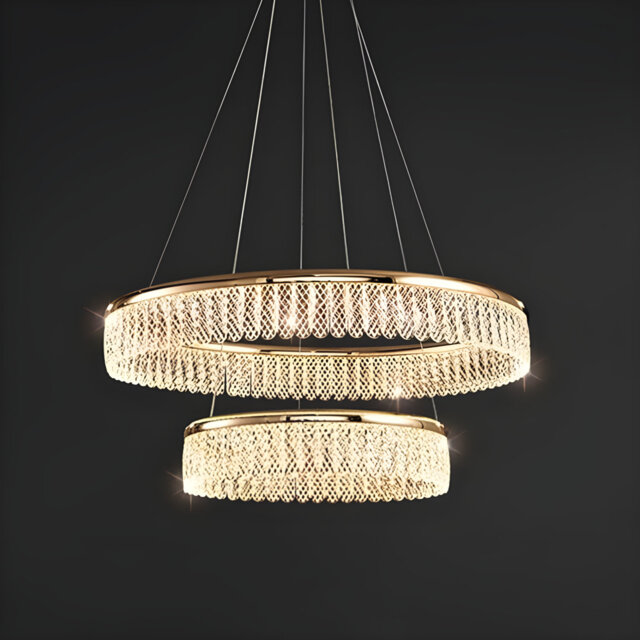 Beneta 2 Modern 2-Tier Round LED Crystal Chandelier – Adjustable Golden Ceiling Light with Rings