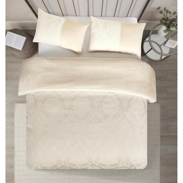 PRIME LINENS Velvet Duvet Cover Set, Beige, Jacquard Damask Pattern, Luxury Soft Bedding with 2 Pillowcases, 3-Piece