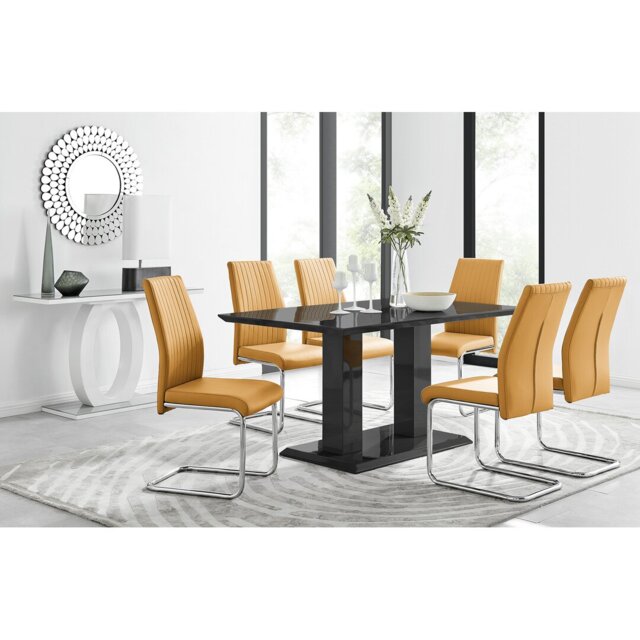 Edzard Double Pedestal High Gloss Dining Table Set with 6 Luxury Faux Leather Dining Chairs