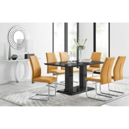Edzard Double Pedestal High Gloss Dining Table Set with 6 Luxury Faux Leather Dining Chairs