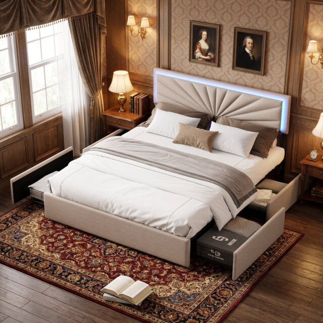 Double Bed Frame With 4 Drawers, Upholstered Platform Bed With Adjustable Headboard And LED, 200cm Upholstered Double Bed Frame With Sturdy Wooden Sla
