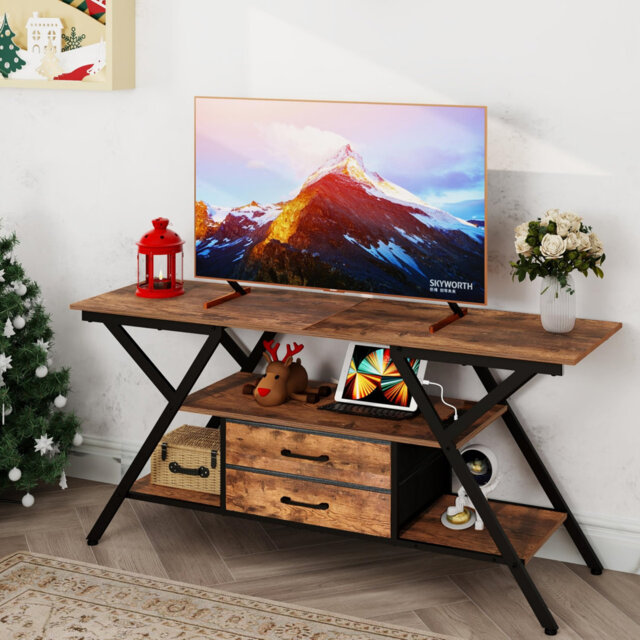 "Rustic 55"" TV Stand For TV Up To 65 Inch TV Console With Power Outlet And LED Light TV Cabinet 2 Storage Fabric Drawers Entertainment Center For Bedro"