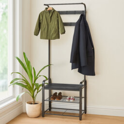 Curved Steel Coat Rack with Shoe Storage Bench - Black Frame with Wooden Seat
