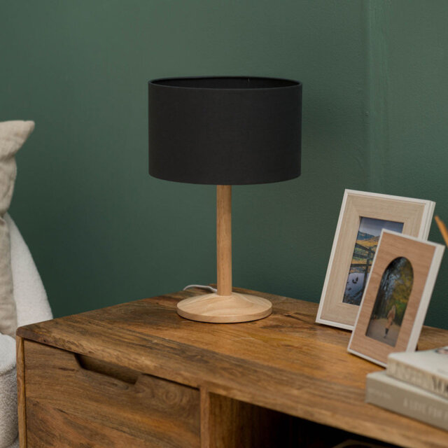 Single Stem Natural Light Wood Table Lamp with a Dark Grey Drum Shade - 6W LED Bulb