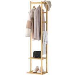 Bamboo Clothing Rack, With 2 Shelves 3 Hanger Hooks