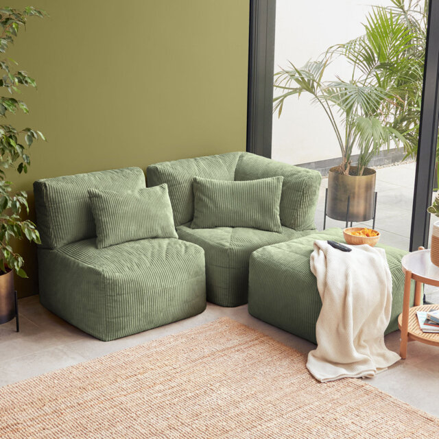 3pcs  Noa Bean Bag, 1x Corner, 1x Recliner, 1x Slab, Jumbo Cord Sage Green