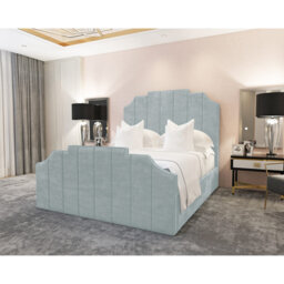 Annalei Regal Velvet Upholstered Bed Frame - Shaped Headboard, Chrome Feet