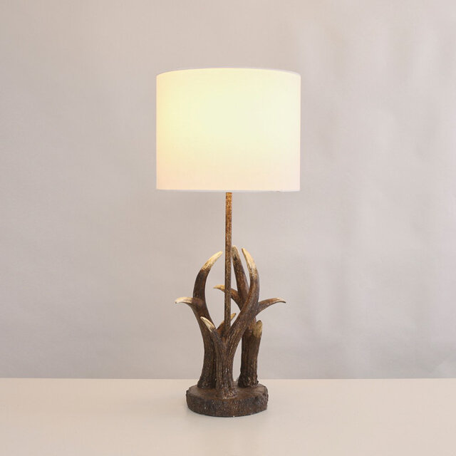 Caribou Antler Design Table Lamp in a Natural Rustic Finish with a White Drum Shade + 4w LED Bulb