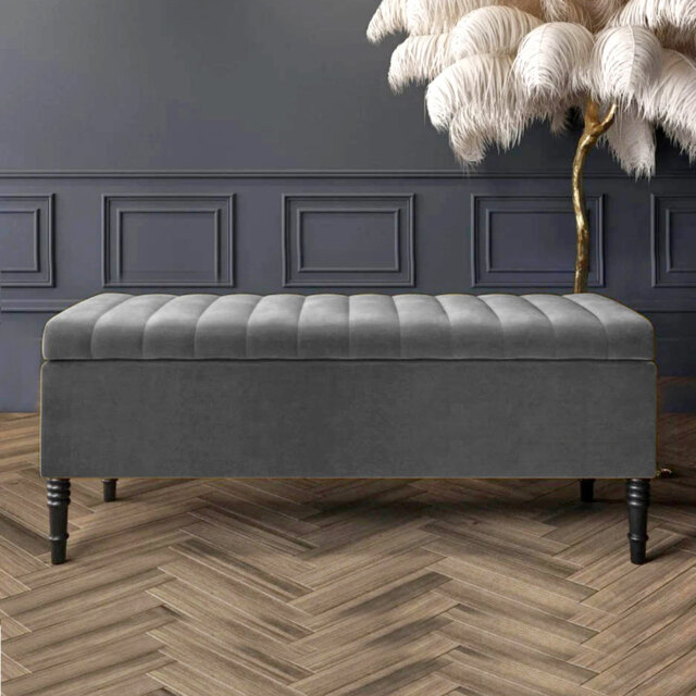 Paris Striped Ottoman Storage Bench - Upholstered Plush Velvet Shoes Bench with Black Turned Wooden Legs