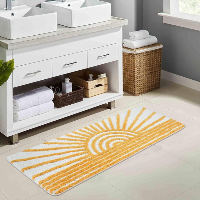 "Boho Yellow White Sun Bath Mat - Non-Slip Microfiber Rug, 18x26"" - Washable, Absorbent for Tub/Sink/Shower"