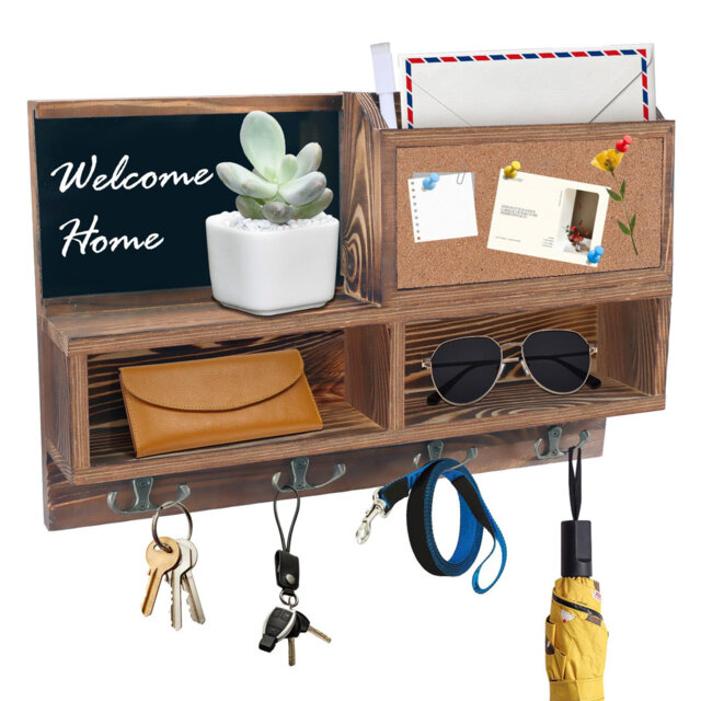 Wooden Key Holder For Wall, Key Hooks Wall Mounted With Cork Board Bulletin Board And Shelf, Mail Organizer With 4 Double Key Hooks, Key Hanger And Ra