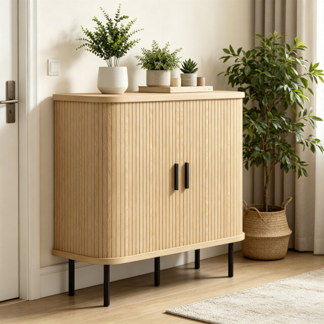 Tambour Sliding Door Sideboard, Buffet Storage Cabinet For Living Room, Kitchen & Dining Room