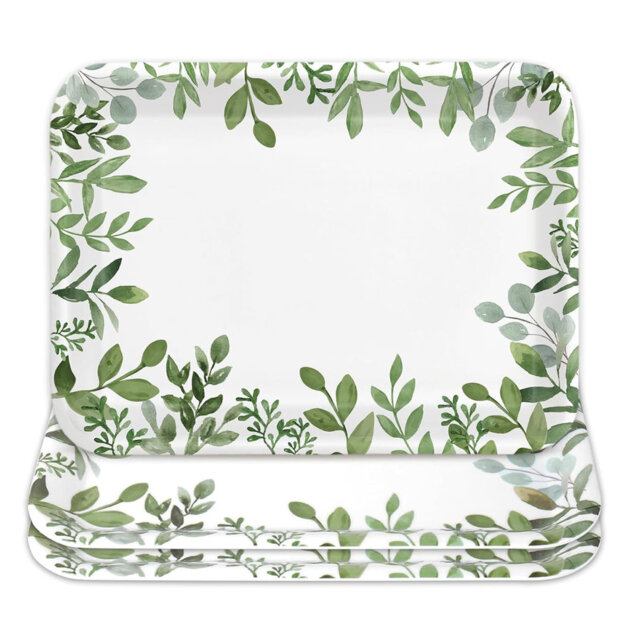 "10""x13"" 3-Pack Greenery Melamine Serving Trays - Reusable Leaf Pattern Platters for Spring Birthday Wedding Party Food"