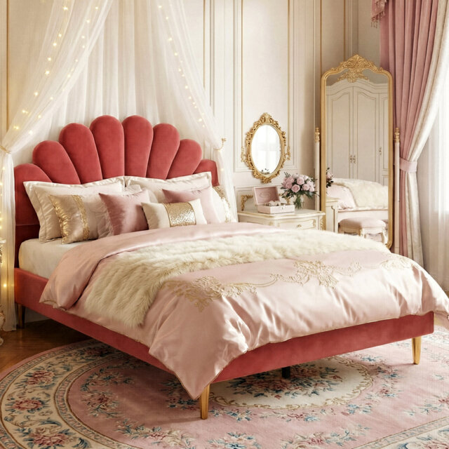 EU Double (140X200cm) Scalloped Shell Velvet Bed, Glam Upholstered Platform Frame With Gold Legs, Burgundy & Beige