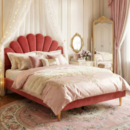 EU Double (140X200cm) Scalloped Shell Velvet Bed, Glam Upholstered Platform Frame With Gold Legs, Burgundy & Beige