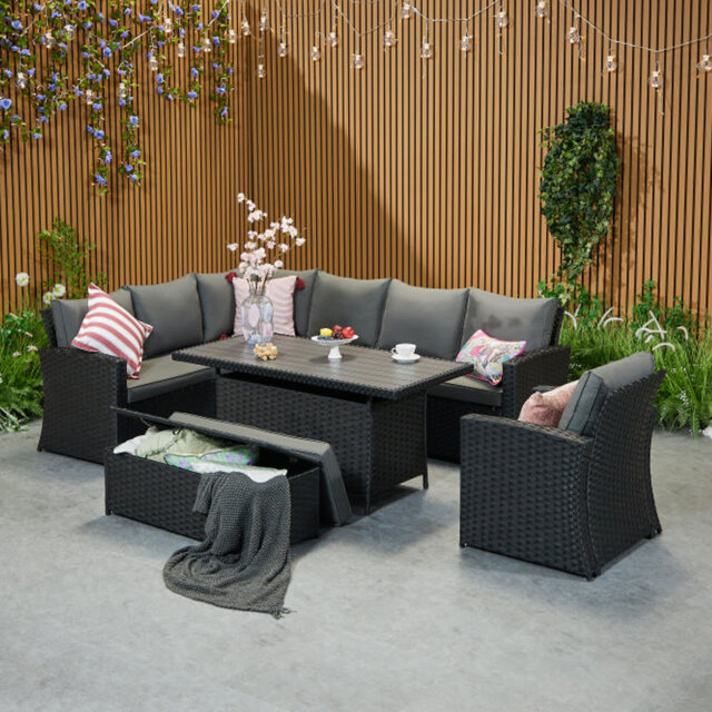 Rosen 9 Seater Aluminium Dining Table Top With Storage Bench And Armchair And Furniture Cover