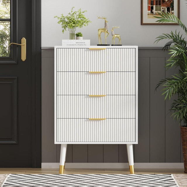 Modern 4 Drawer Dresser for Bedroom Closet Dressers Chest of Drawers Wood Storage Dresser Chest Cabinet Organizer Unit Small Fluted Nightstands for Be