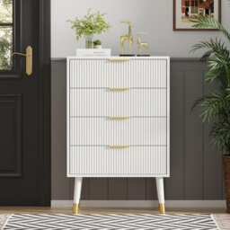 Modern 4 Drawer Dresser for Bedroom Closet Dressers Chest of Drawers Wood Storage Dresser Chest Cabinet Organizer Unit Small Fluted Nightstands for Be