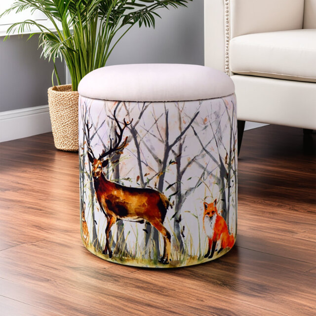 Modern Jungle Design Block Print 40cm Upholstered Ottoman Storage Footstool Pouffe Footrest Stool
