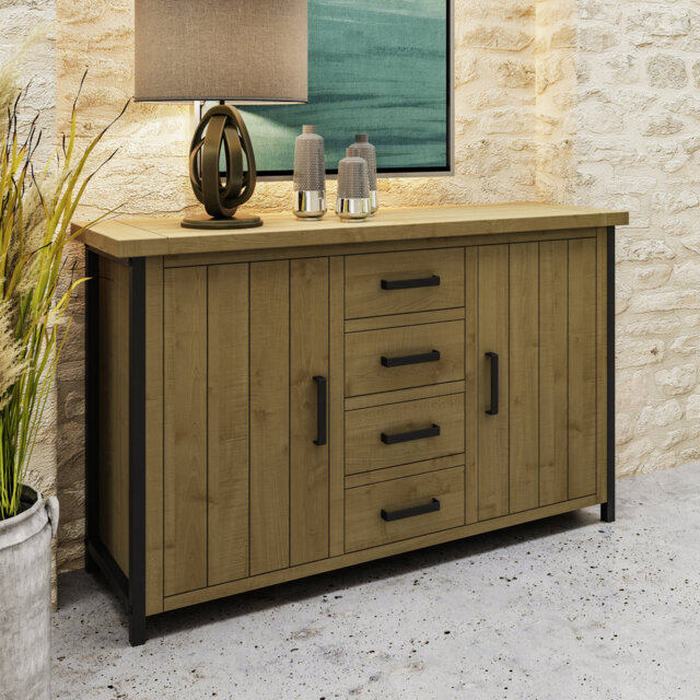 San Diego 2 Door 4 Drawer Sideboard Buffet. Solid Pine. Metal Reinforced Frame