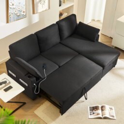 3 Seater Sofa Bed, 2-In-1 Pull-out Sleeper Couch with Storage Chaise and Armrest, Sectional L-Shaped Convertible Sofa Bed with USB & Cup Holder for Ap