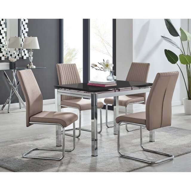 Tierra Modern Glass & Metal Extendable Dining Table Set & 4 Luxury Faux Leather Dining Chairs