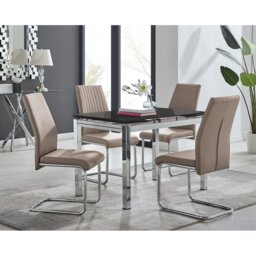 Tierra Modern Glass & Metal Extendable Dining Table Set & 4 Luxury Faux Leather Dining Chairs