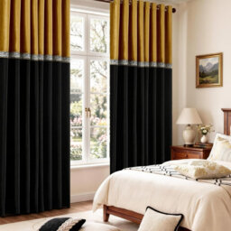 Velvet Curtains 2 Panels, Embroidered Vintage Gold Black Window Treatment 132 x 229 cm