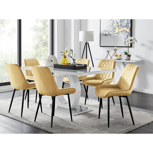 Bekircan Halo Dining Table Set In Modern High Gloss With 6 Luxury Velvet Dining Chairs