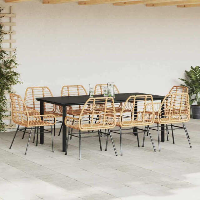 7 Piece Garden Dining Set Brown Poly Rattan Glass