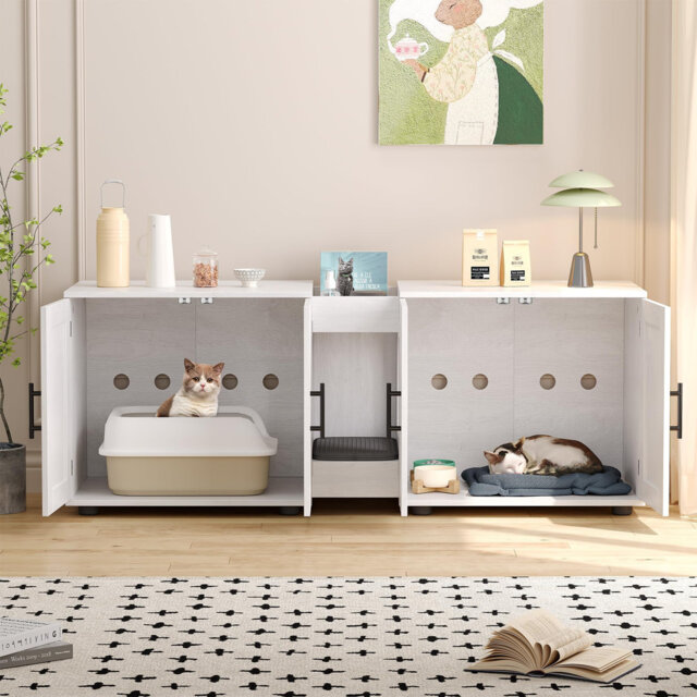 3-in-1 Cat Litter Box Enclosure TV Stand - Hidden Odour-Control Cabinet with Middle Entrance, Scratch Pad & Easy-Access Doors for Living Room