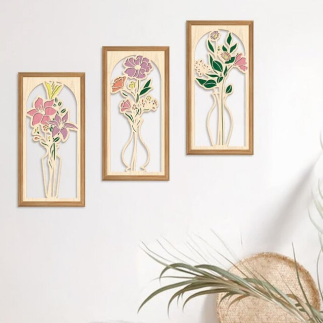 Hollow Boho Flower Wooden 3 Pcs Wall Art Minimalism Flower in Vase 20 x 40 cm Beige