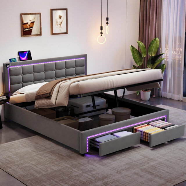 Ottoman Bed With Led And Usb Linen Grey