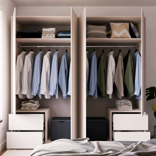 Rydar Modern minimalistic wardrobe with 4 doors and 4 drawers, push-to-open, engineered wood, beige, 223.9 cm W x 214.3 cm H x 60 cm D