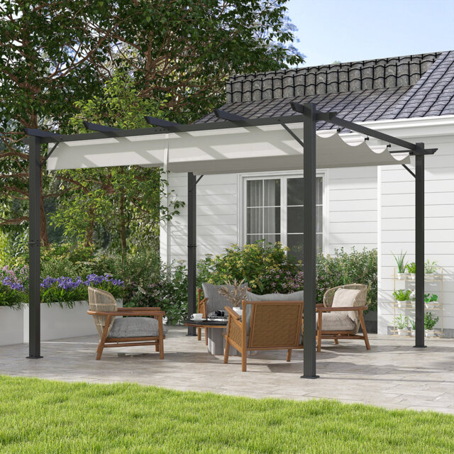 3 X 3m Aluminium Pergola Canopy, Retractable Roof Gazebo, Uv Resistant Awning With Drainage Grommet Holes & 8 Ground Stakes, Outdoor Garden Patio Sun