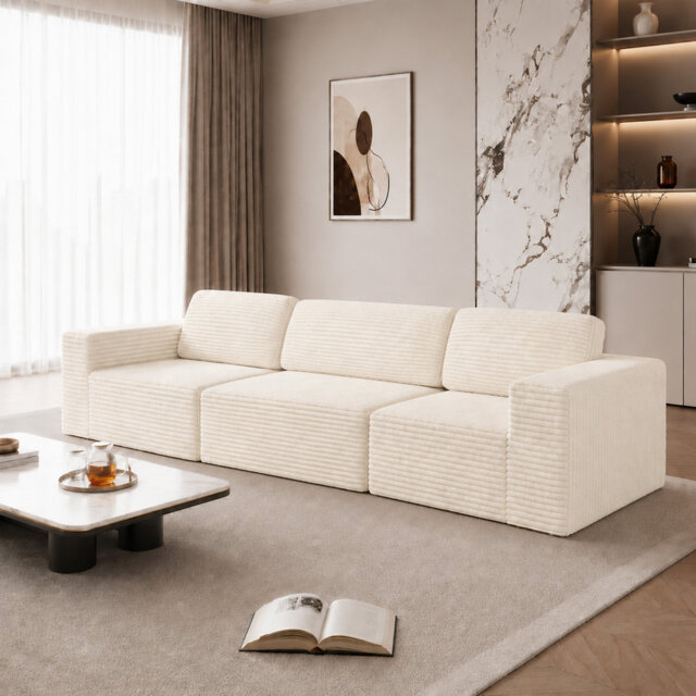 Modular Corduroy 303cm 2-seater Boneless Sofa, No Assembly Required, With High Rebound Sponge